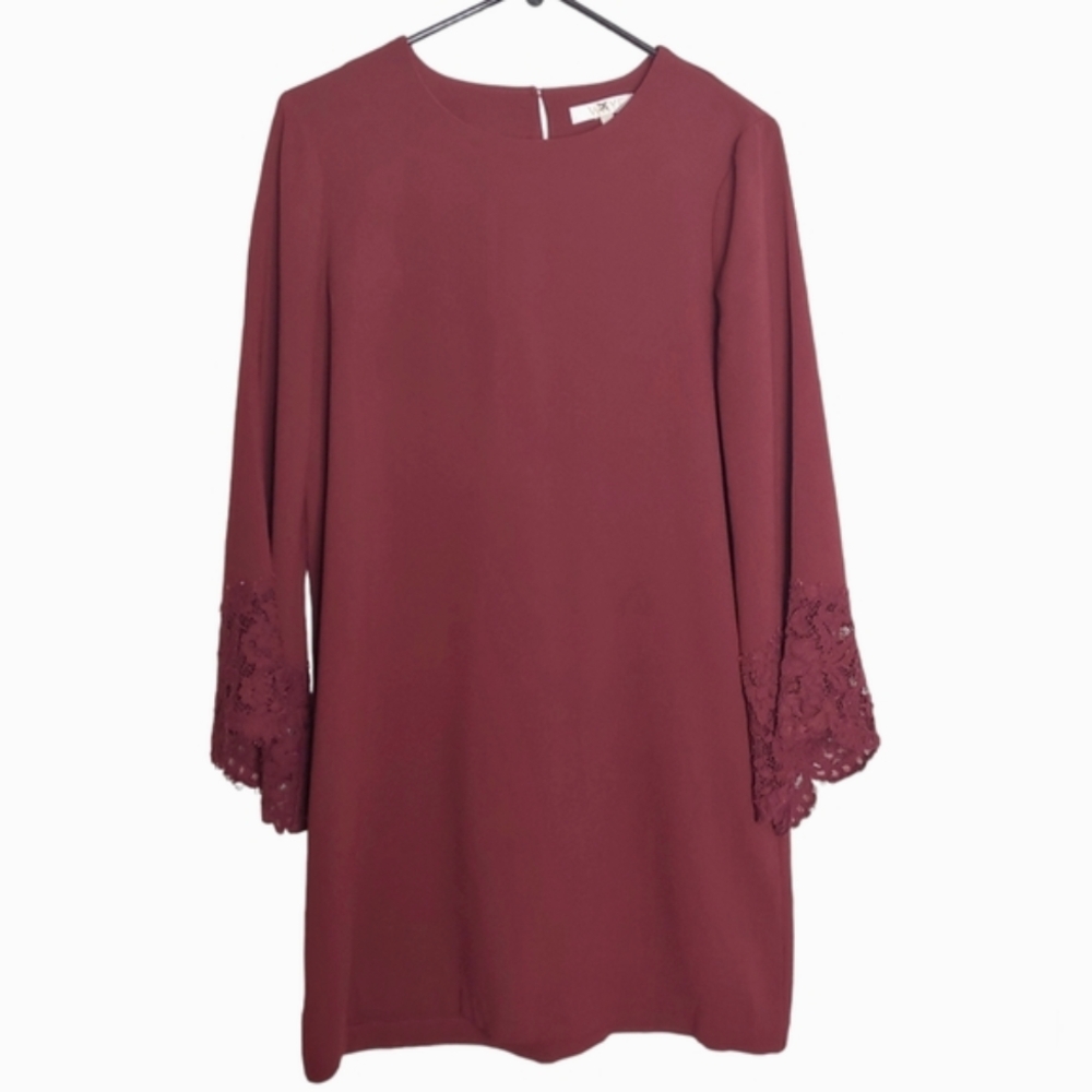 WAYF Women's Burgundy Wine Long Sleeve Tunic Dress Lace Bell Sleeves Size Small